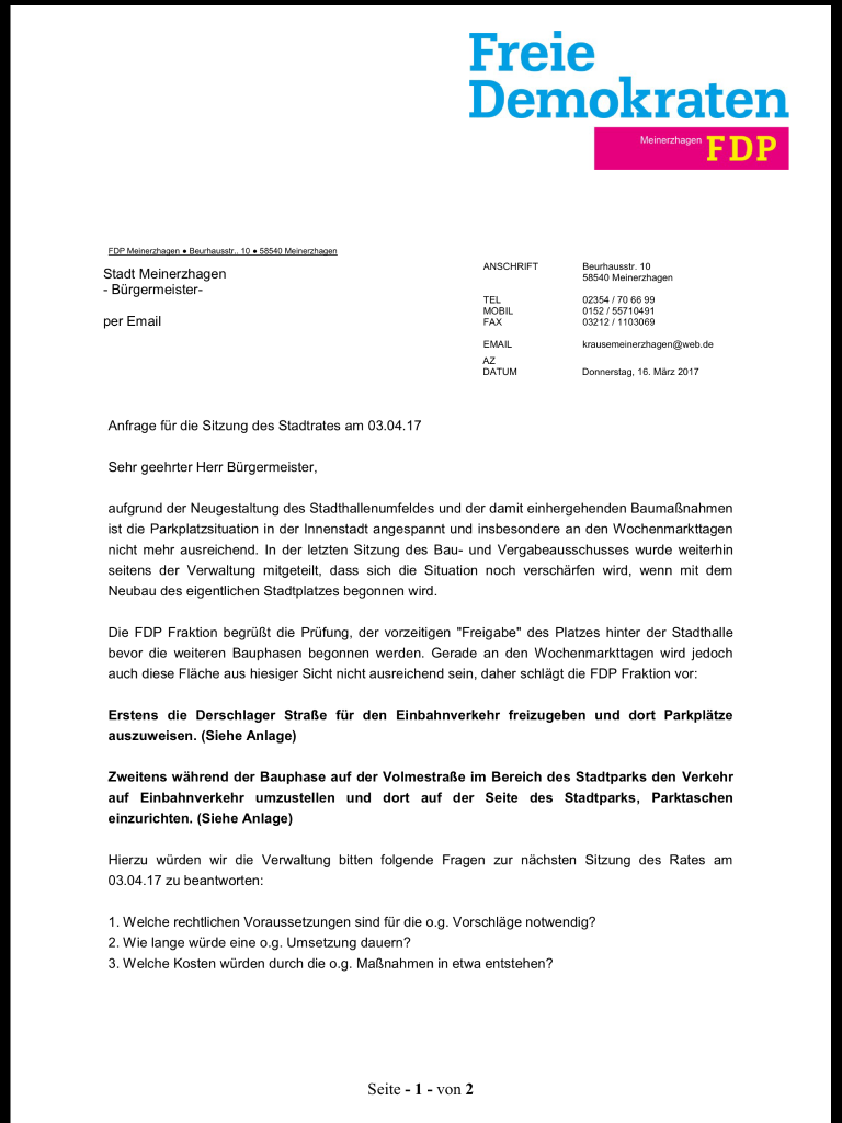 FDP Anfrage zum Parkraum in Meinerzhagen im Wortlaut