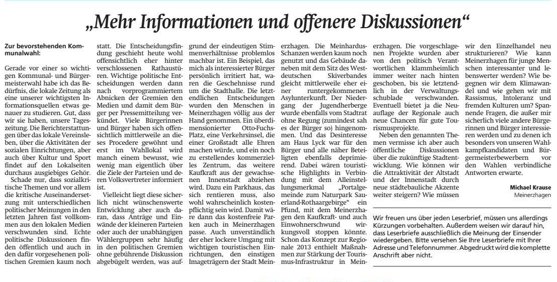 Leserbrief - Meinerzhagener Zeitung vom 21.08.2020